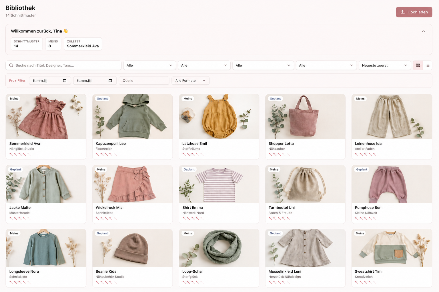 CraftShelf Bibliotheks-Ansicht mit Schnittmuster-Vorschauen, Tags und Kategorien